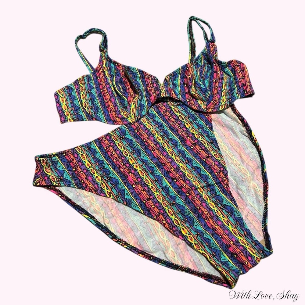 Deadstock 80s/90s vintage colorful retro pattern high leg swimsuit